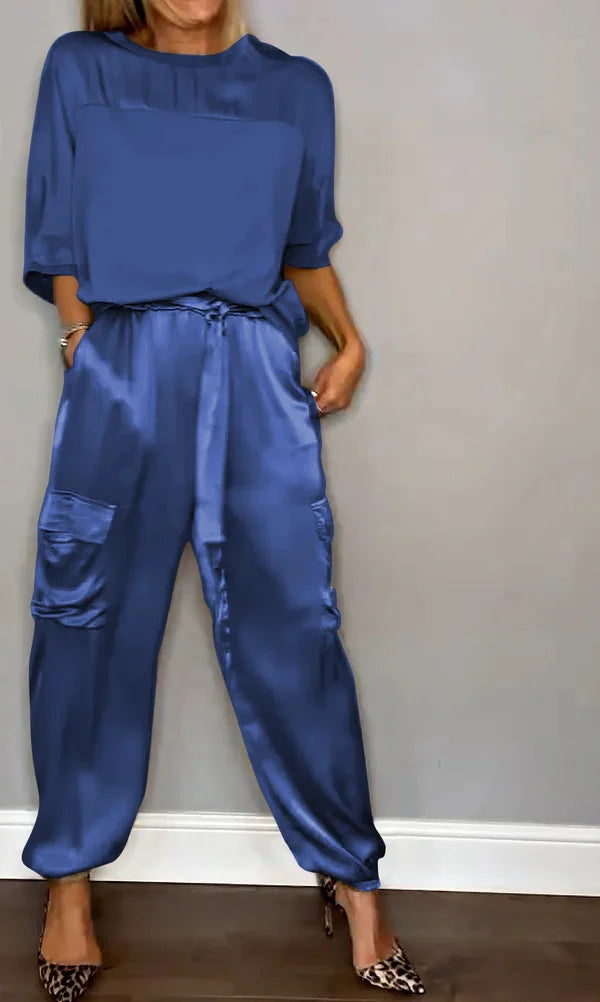 👗Glattes Satin-Halbarm-Top und Hosen-Set💝