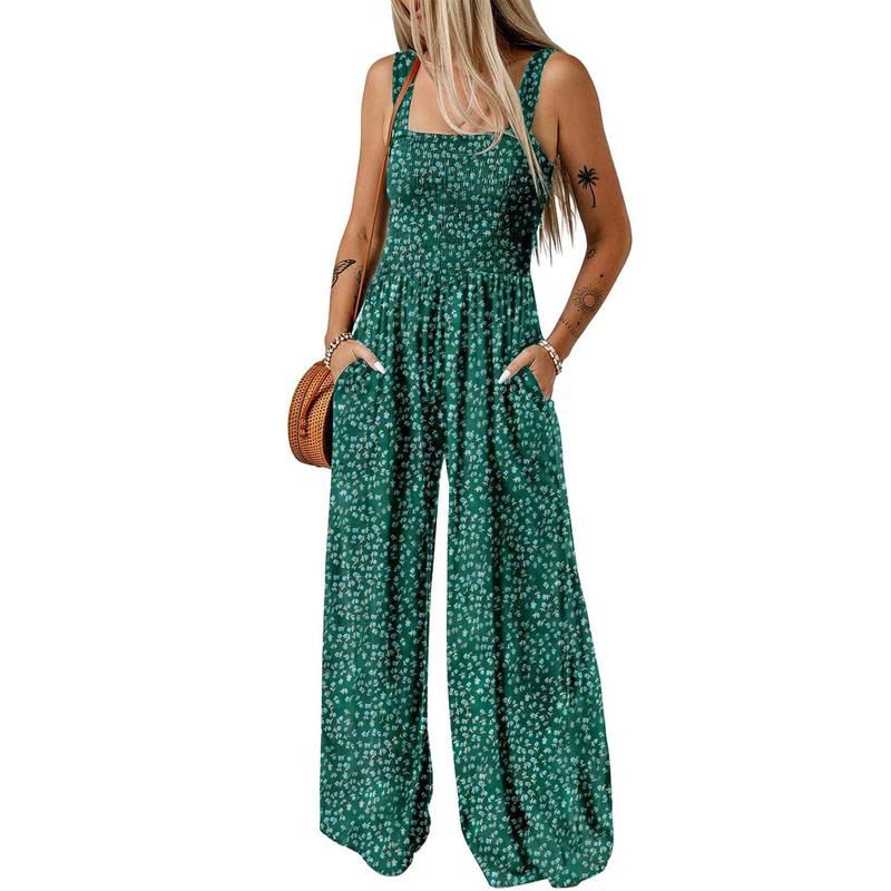 🌞Frühlingserwachen: 50% Rabatt!🌼 Damen Lässige Bedruckte Ärmellose Overalls – Weitbein, Elastischer Bund & Praktische Taschen für Sommer