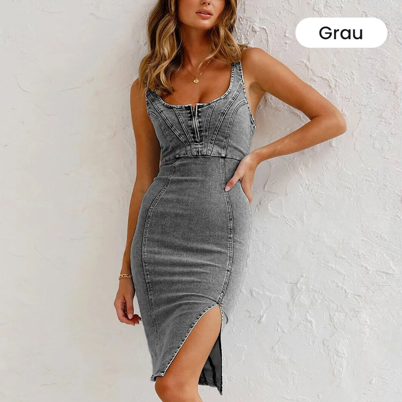 🌞Frühlingserwachen: 50% Rabatt!👗 Damen Denim U-Ausschnitt Neckholder-Kleid mit Schlitz & verstellbaren Trägern – Sexy, figurbetont & vielseitig für Sommer