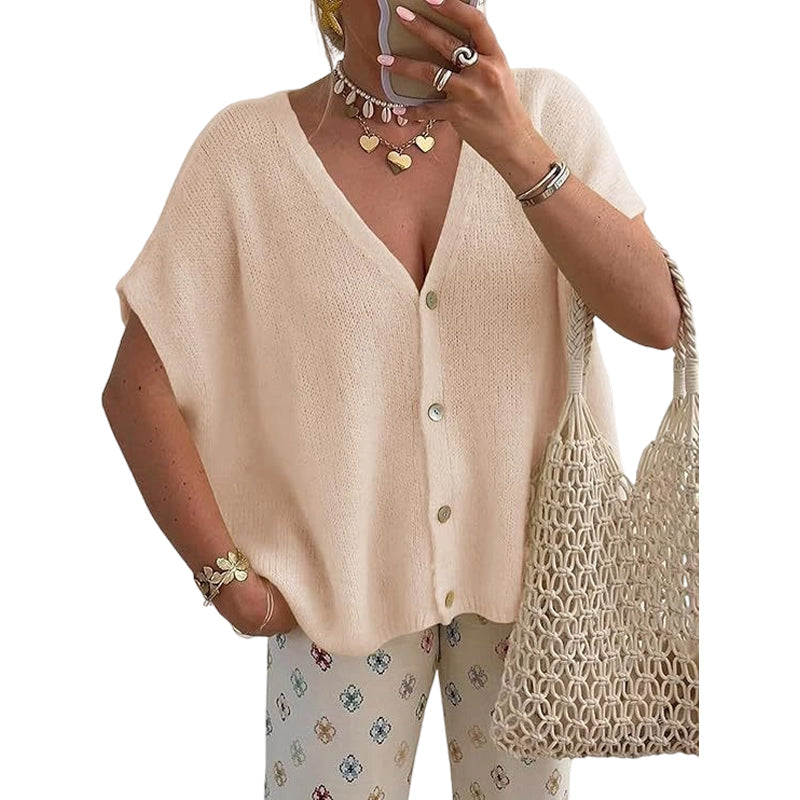 🌞Frühlingserwachen: 50% Rabatt!🦋Damen Leichte Kurzarm Strickjacke – Fledermausärmel & V-Ausschnitt, Vielseitig für Frühling & Herbst