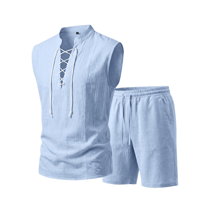 👕 BEFRISTET 55% RABATT! ✨ Herren Leinen-Set – Ärmelloses Top mit Schnürung, Shorts, 7 Farben ☀️