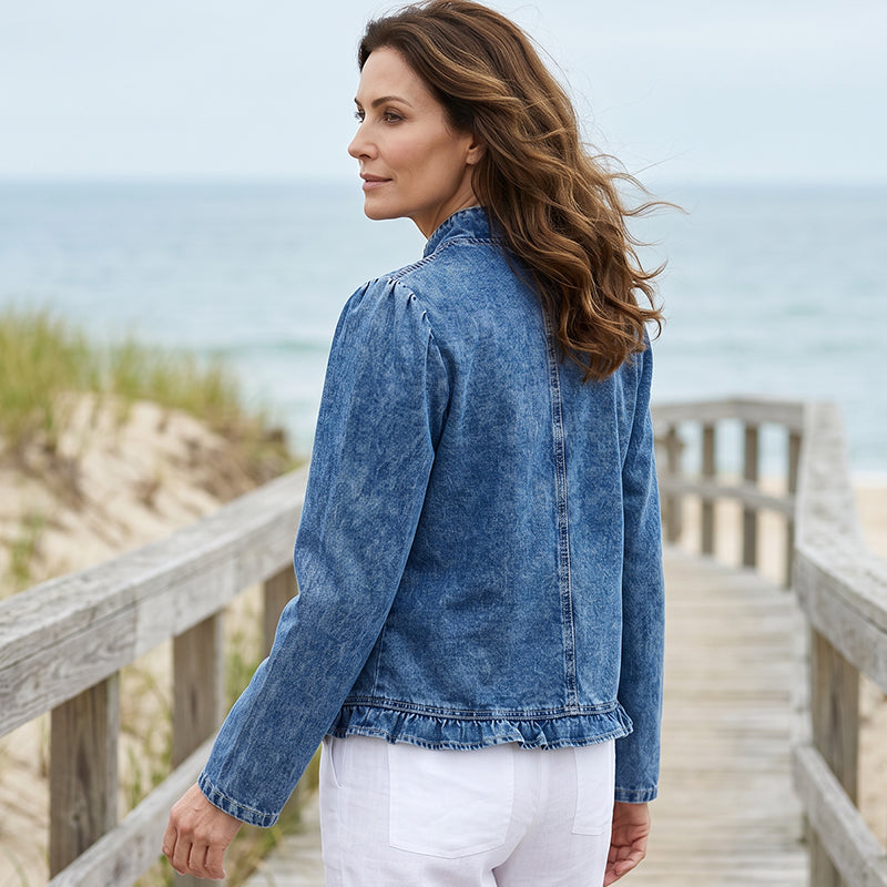🧥 50 % RABATT !! 🌸 Damen-Jeansjacke mit Volants & offenem Vorderteil – Leicht & feminin – Vielseitig & schick 👗
