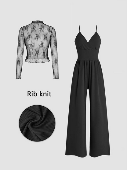 🌞Frühlingserwachen: 50% Rabatt!✨Glamouröser Zweiteiler im Lagen-Look: Weiter V-Ausschnitt Overall & transparentes Spitzen-Shirt