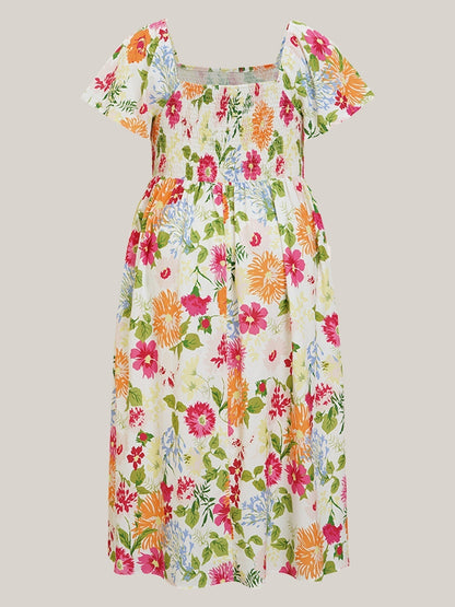 ⏰Sommer Heißer Verkauf 70% RABATT💃Geblümtes Smock-Kleid mit eckigem Ausschnitt und Taschen