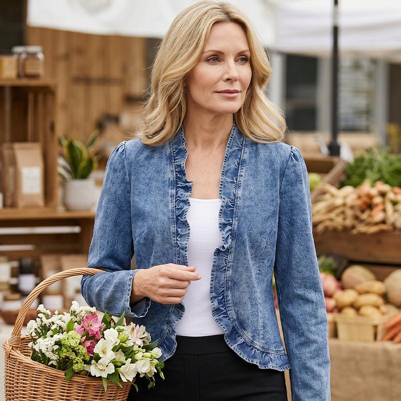 🧥 50 % RABATT !! 🌸 Damen-Jeansjacke mit Volants & offenem Vorderteil – Leicht & feminin – Vielseitig & schick 👗