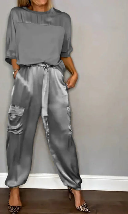 👗Glattes Satin-Halbarm-Top und Hosen-Set💝