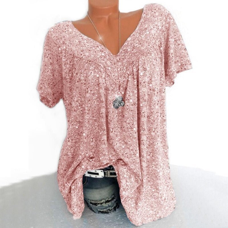 🌞Frühlingserwachen: 50% Rabatt!🌸Damen Kurzarmbluse mit Frühlingsblumenprint: V-Ausschnitt & lockere Passform – Atmungsaktiv, knitterfrei & figurschmeichelnd für Frühling & Sommer