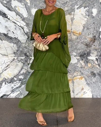 🌞Frühlingserwachen: 50% Rabatt!🎨 Künstlerisches Handgefertigtes Maxikleid Damen: Lockere A-Linie mit 3/4-Ärmeln & Raffungen – Elegant-lässig für Urlaub & Alltag