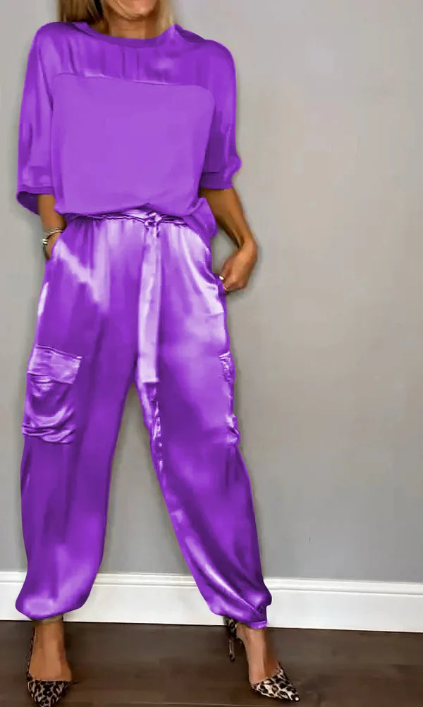 👗Glattes Satin-Halbarm-Top und Hosen-Set💝