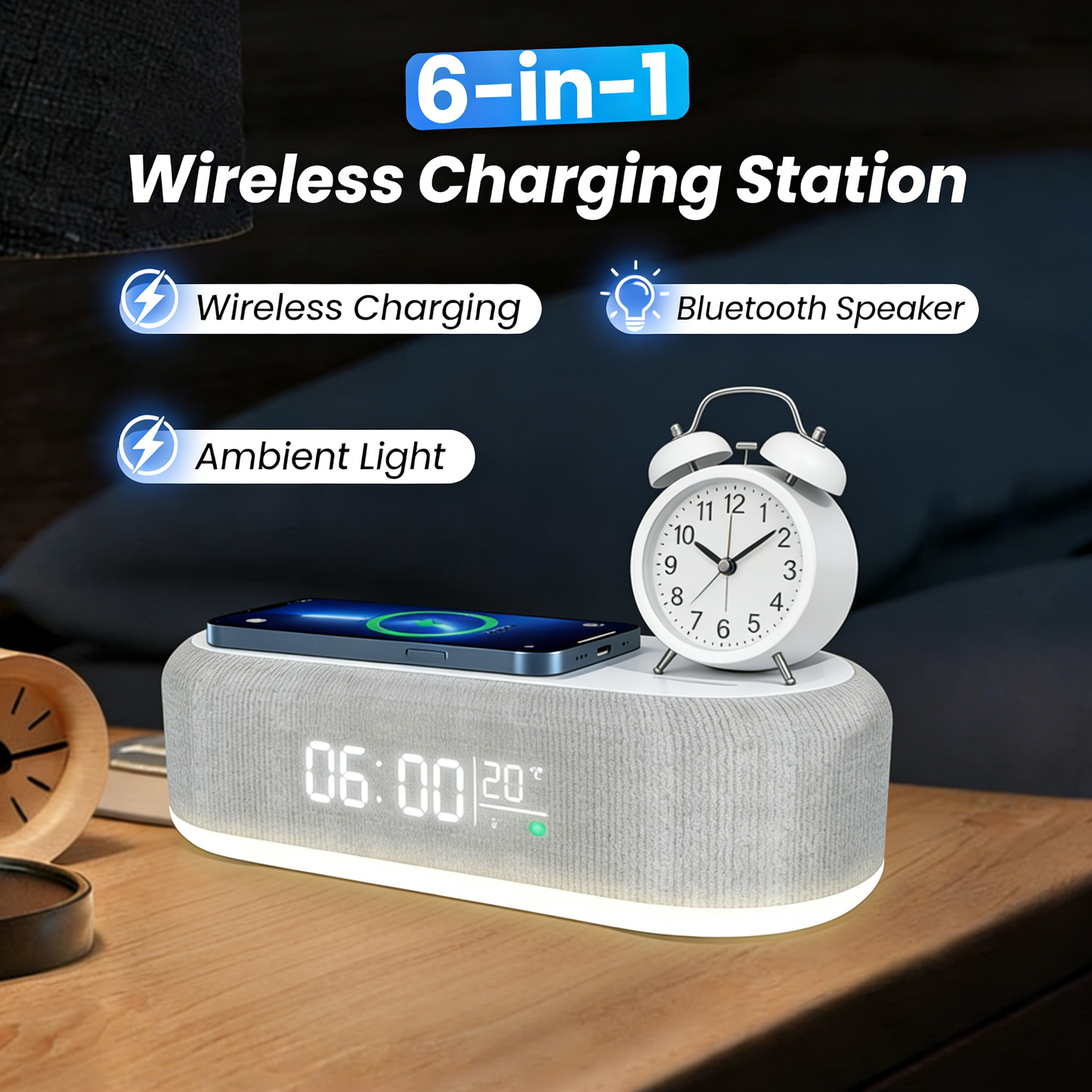🌞Frühlingserwachen: 50% Rabatt!🔋6-in-1 Kabellose Ladestation 25W – Uhr, Wecker, Bluetooth-Lautsprecher & Nachtlicht | All-in-One für den Nachttisch!