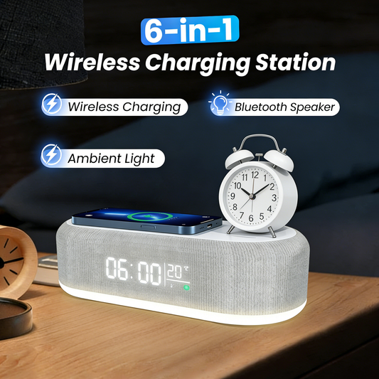 🌞Frühlingserwachen: 50% Rabatt!🔋6-in-1 Kabellose Ladestation 25W – Uhr, Wecker, Bluetooth-Lautsprecher & Nachtlicht | All-in-One für den Nachttisch!