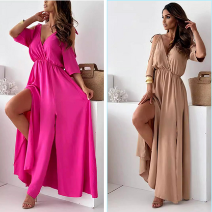 💯Elegantes, sexy Kleid mit V-Ausschnitt und Seitenschlitz für Damen