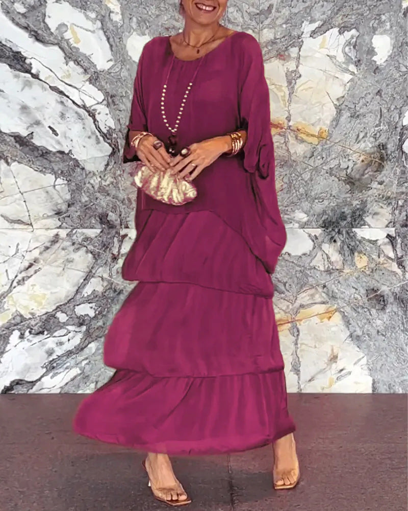 🌞Frühlingserwachen: 50% Rabatt!🎨 Künstlerisches Handgefertigtes Maxikleid Damen: Lockere A-Linie mit 3/4-Ärmeln & Raffungen – Elegant-lässig für Urlaub & Alltag