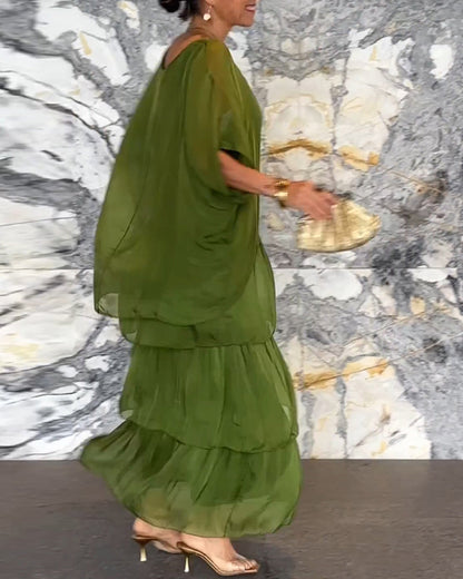 🌞Frühlingserwachen: 50% Rabatt!🎨 Künstlerisches Handgefertigtes Maxikleid Damen: Lockere A-Linie mit 3/4-Ärmeln & Raffungen – Elegant-lässig für Urlaub & Alltag