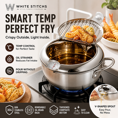 🍤 Nur für kurze Zeit: 50 % Rabatt! ⚡ Tempura-Fritteuse aus Edelstahl 201 – mit Thermometer, Abtropfgitter und tiefem Korpus ✨