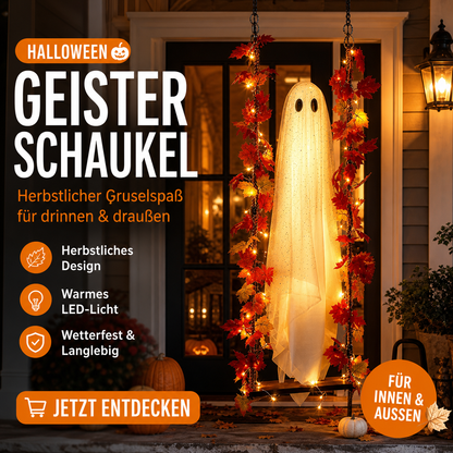 👻 Hängender Halloween-Geist auf Schaukel mit ferngesteuerter LED-Beleuchtung & Ahornblättern