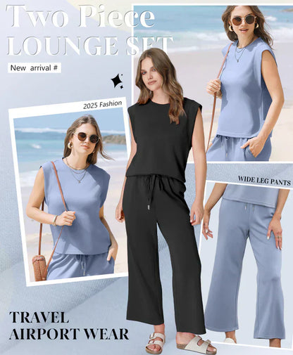 🌺2026 Neu eingetroffen - 50% OFF🌺Damen Casual Cap Ärmel Top Weite Hosen Set