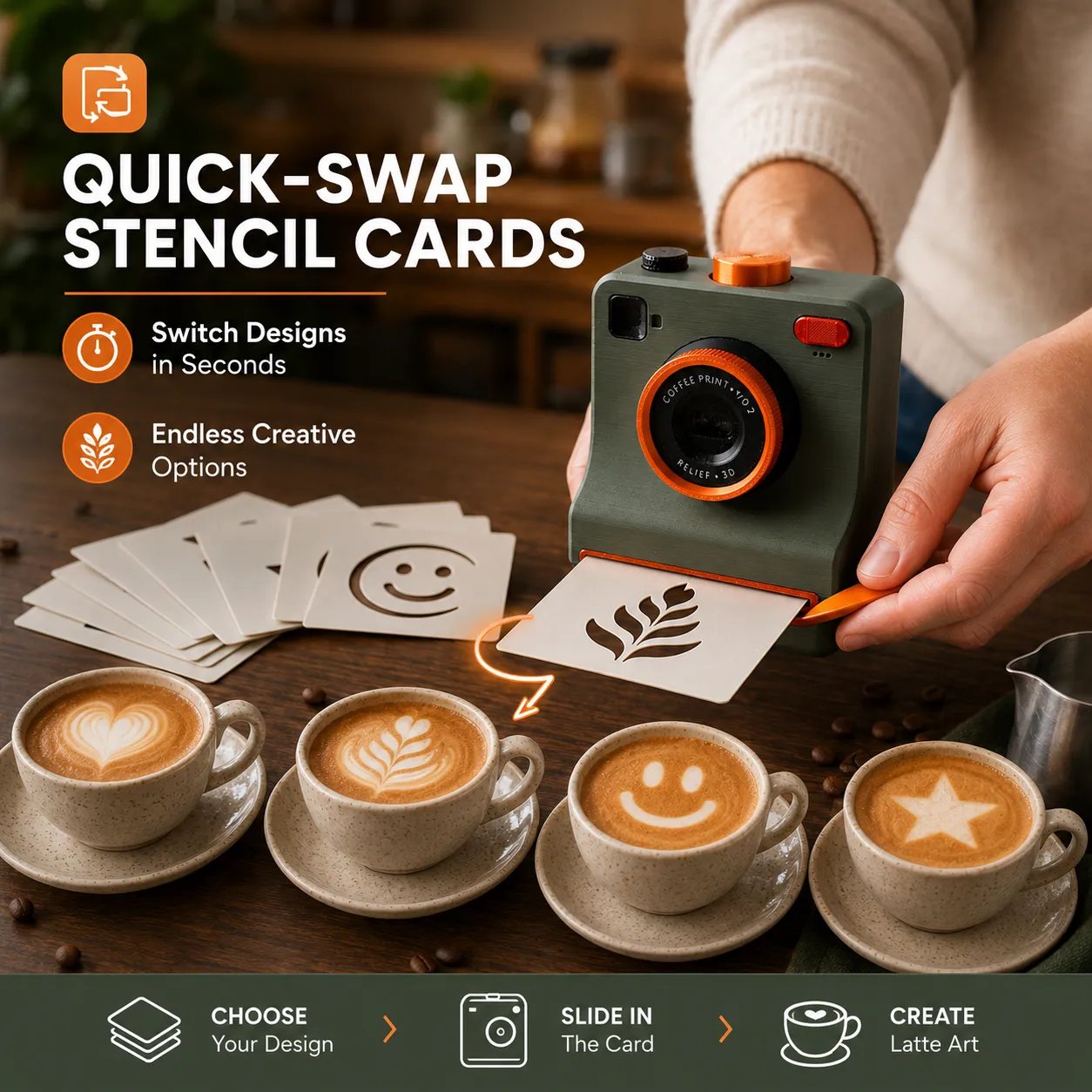 One-Touch Latte Art Kamera – 3D-Kaffee-Schablonen-Set für kreative Getränkedesigns