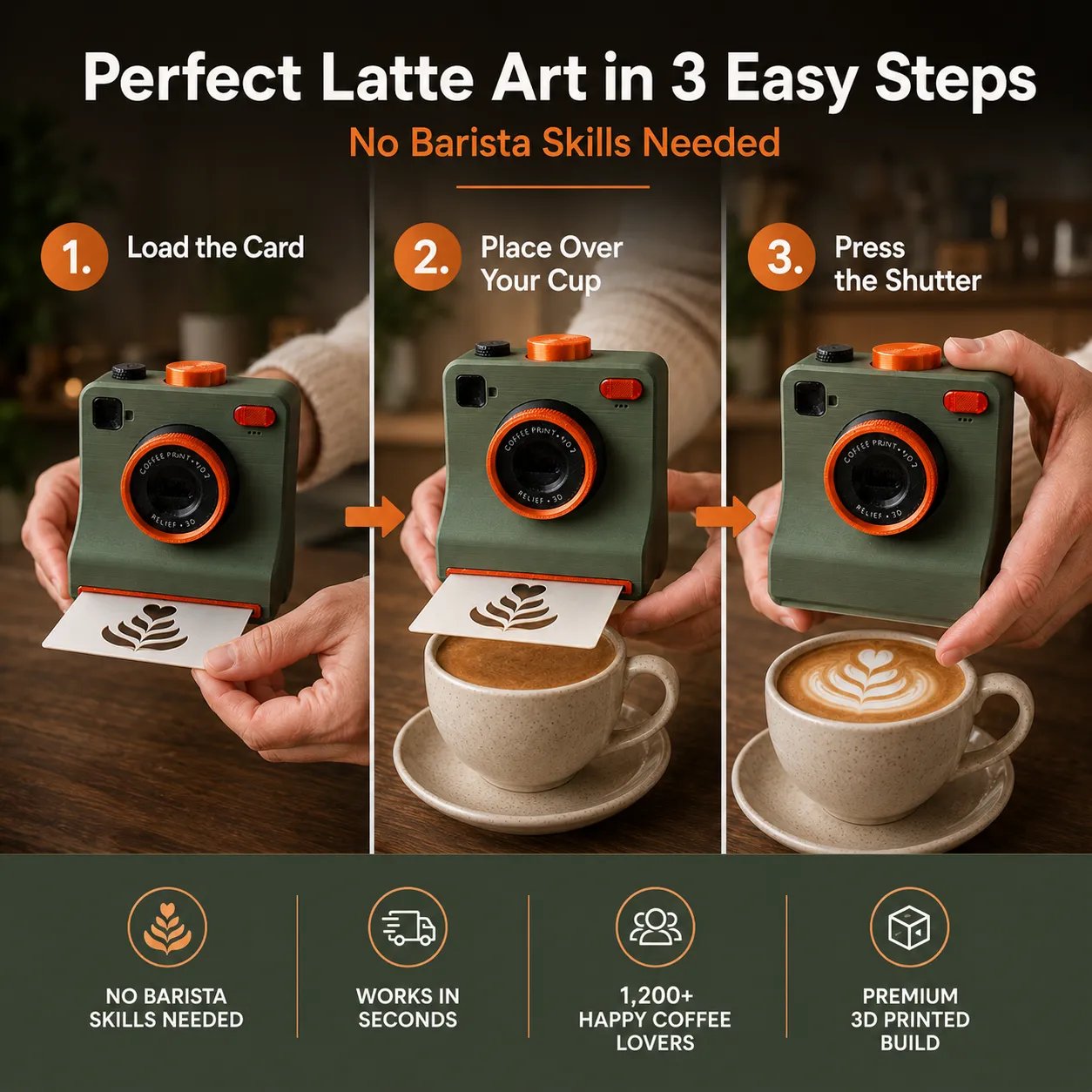 One-Touch Latte Art Kamera – 3D-Kaffee-Schablonen-Set für kreative Getränkedesigns