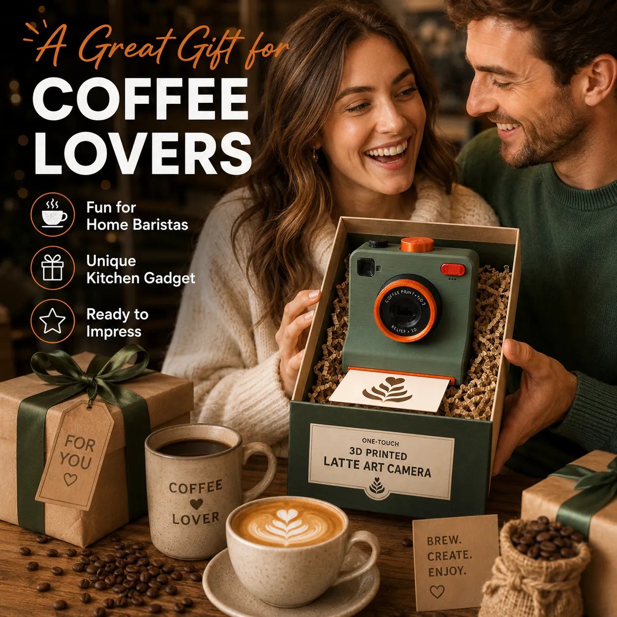 One-Touch Latte Art Kamera – 3D-Kaffee-Schablonen-Set für kreative Getränkedesigns