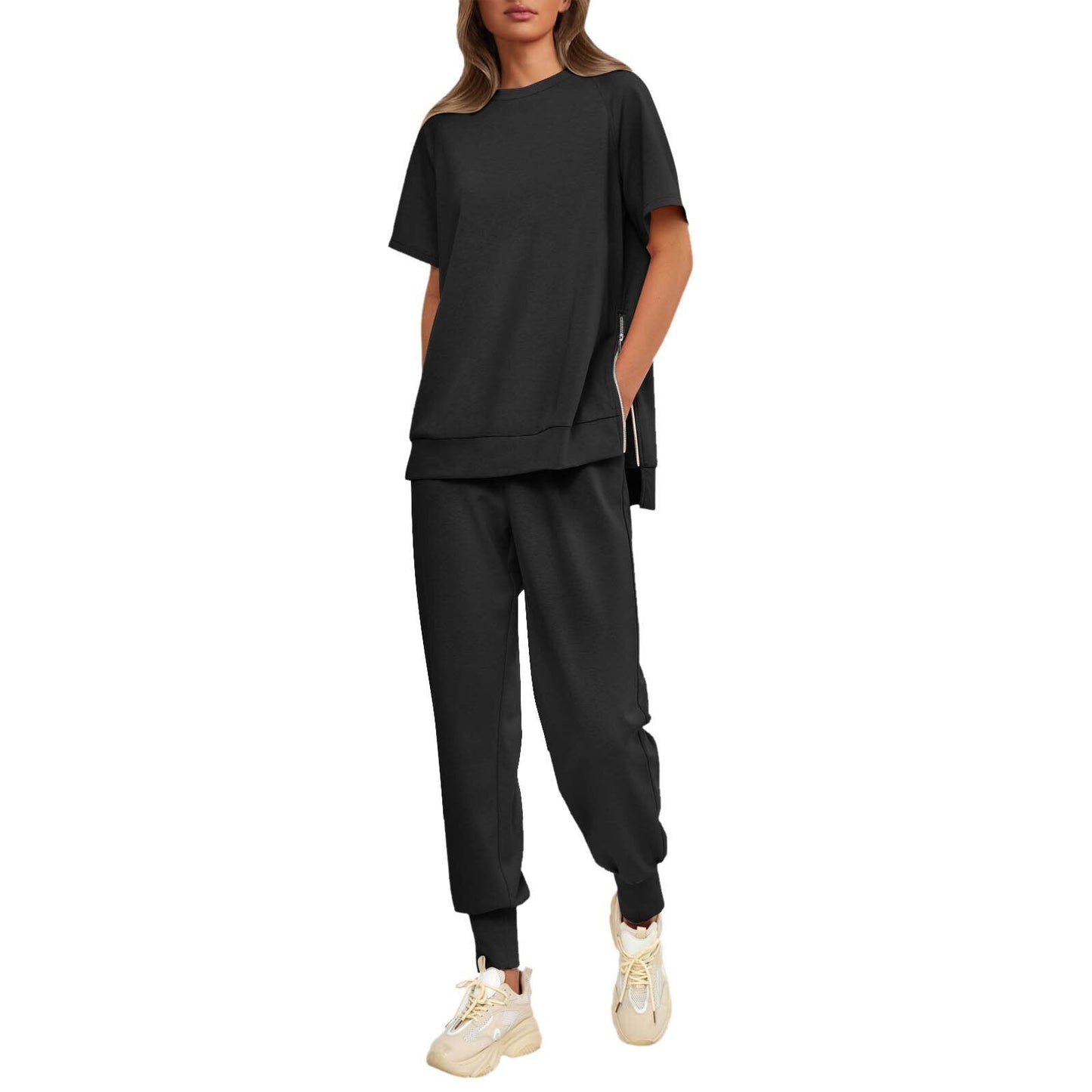 Lässiges, locker sitzendes zweiteiliges Trainingsanzug-Set für Damen aus T-Shirt und Hose