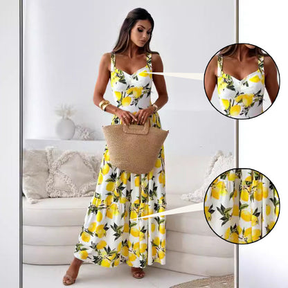 💕50% RABATT🍋Elegantes langes Kleid mit Spaghettiträgern und Zitronendruck für Frauen