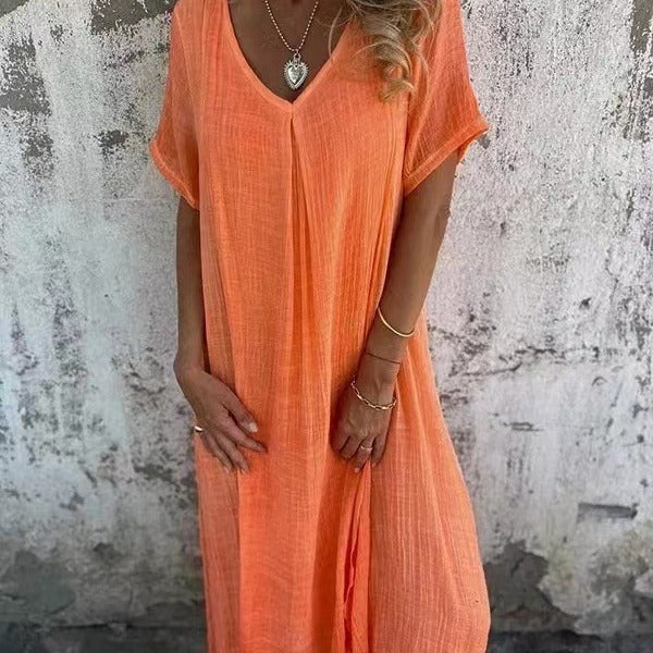 🔥LETZTER TAG DES VERKAUFS 49 % RABATT🔥 Damenlockeres V-Ausschnitt-Kleid aus Baumwoll-Leinen
