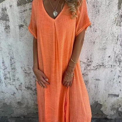 🔥LETZTER TAG DES VERKAUFS 49 % RABATT🔥 Damenlockeres V-Ausschnitt-Kleid aus Baumwoll-Leinen