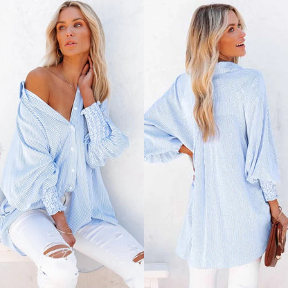 🌞Frühlingserwachen: 50% Rabatt!🌸Oversized Streifenhemd "Smock-Chic" – Luftiger Boyfriend-Style mit gesmokten Manschetten