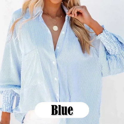 🌞Frühlingserwachen: 50% Rabatt!🌸Oversized Streifenhemd "Smock-Chic" – Luftiger Boyfriend-Style mit gesmokten Manschetten