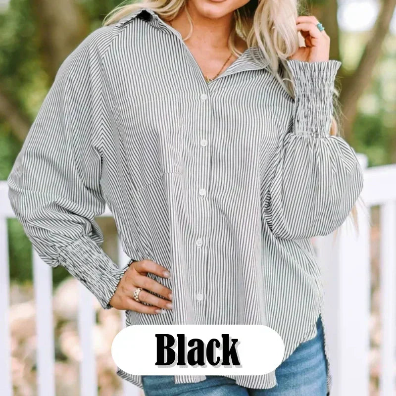 🌞Frühlingserwachen: 50% Rabatt!🌸Oversized Streifenhemd "Smock-Chic" – Luftiger Boyfriend-Style mit gesmokten Manschetten
