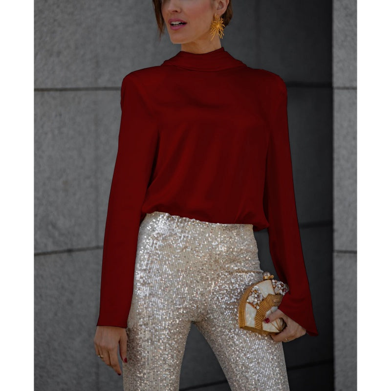 Geheimnis der Eleganz Satin Rücken Kette Cowl Neck Drapierte Bluse