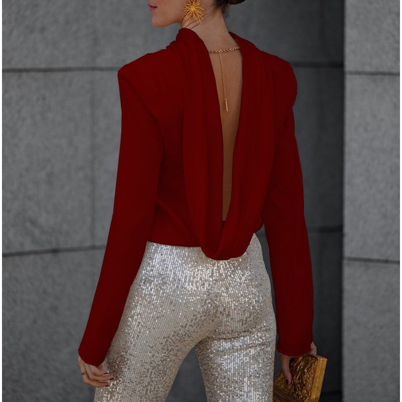 Geheimnis der Eleganz Satin Rücken Kette Cowl Neck Drapierte Bluse