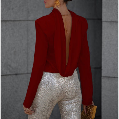 Geheimnis der Eleganz Satin Rücken Kette Cowl Neck Drapierte Bluse