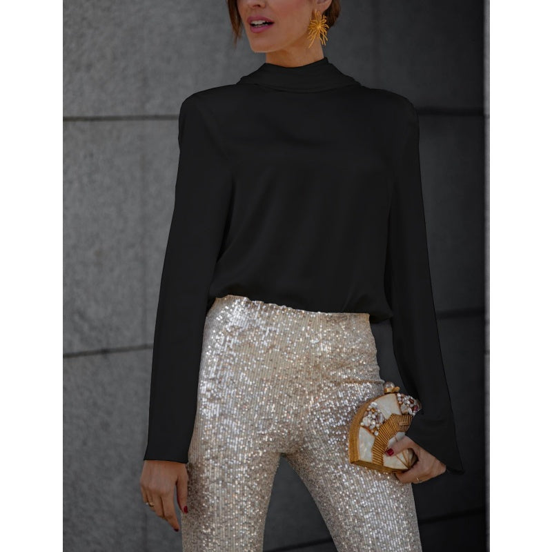 Geheimnis der Eleganz Satin Rücken Kette Cowl Neck Drapierte Bluse