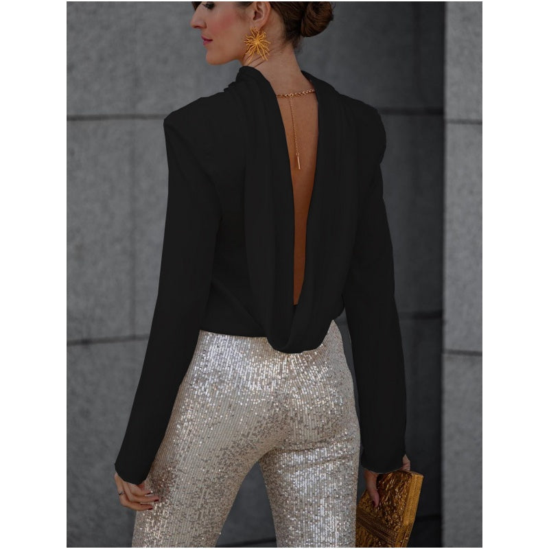 Geheimnis der Eleganz Satin Rücken Kette Cowl Neck Drapierte Bluse