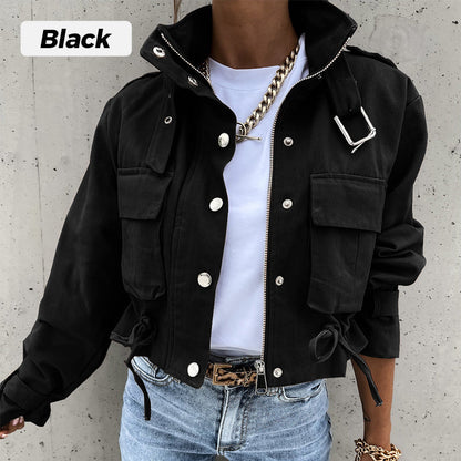 🌞Frühlingserwachen: 50% Rabatt!🎉Urban Utility Kurzjacke "Military Chic" – Mit Stehkragen & verstellbarem Kordelzug