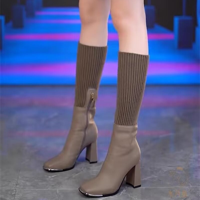 ✨SCHNÄPPCHEN 49% - Modische Stretch-Strickstiefel mit hohem Blockabsatz für Damen