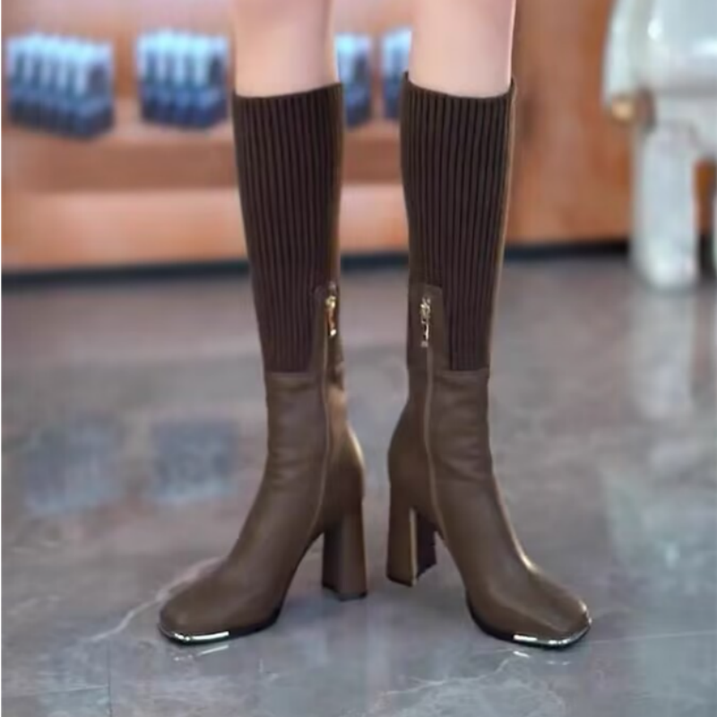 ✨SCHNÄPPCHEN 49% - Modische Stretch-Strickstiefel mit hohem Blockabsatz für Damen