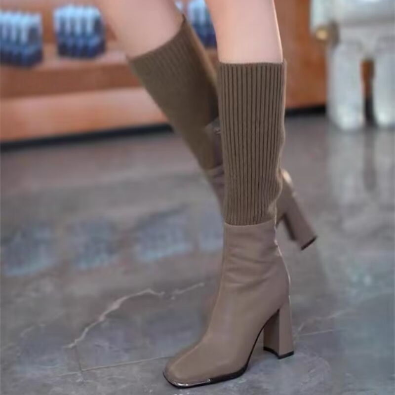 ✨SCHNÄPPCHEN 49% - Modische Stretch-Strickstiefel mit hohem Blockabsatz für Damen