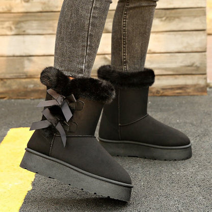 Damen Plüsch Schleife Klassischer Absatz Schneestiefel