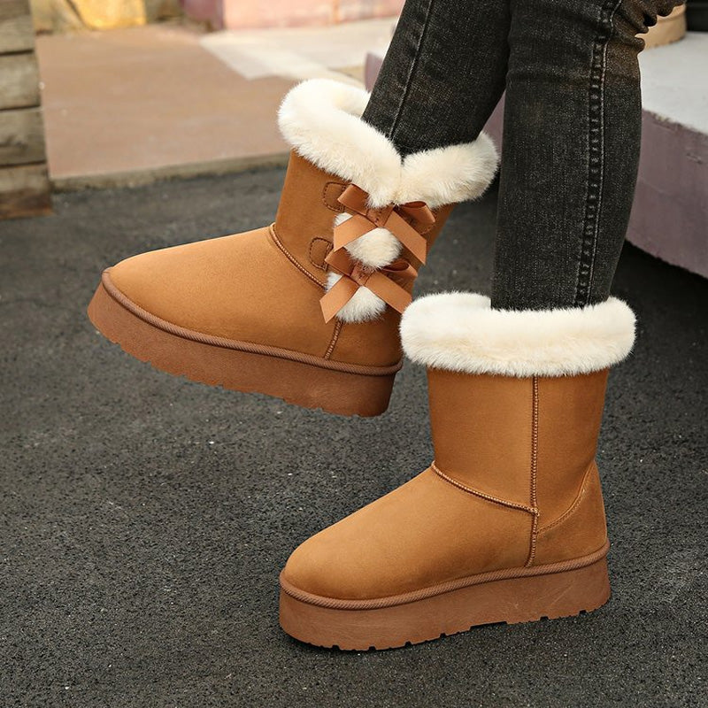 Damen Plüsch Schleife Klassischer Absatz Schneestiefel