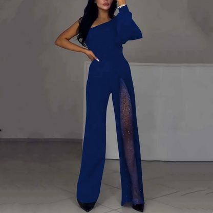 ✨👠Damen One Shoulder Glitter Mesh Flared Jumpsuit🖤 Mode Party Essential, funkeln und glänzen, ziehen Sie die Aufmerksamkeit auf sich!