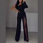 ✨👠Damen One Shoulder Glitter Mesh Flared Jumpsuit🖤 Mode Party Essential, funkeln und glänzen, ziehen Sie die Aufmerksamkeit auf sich!