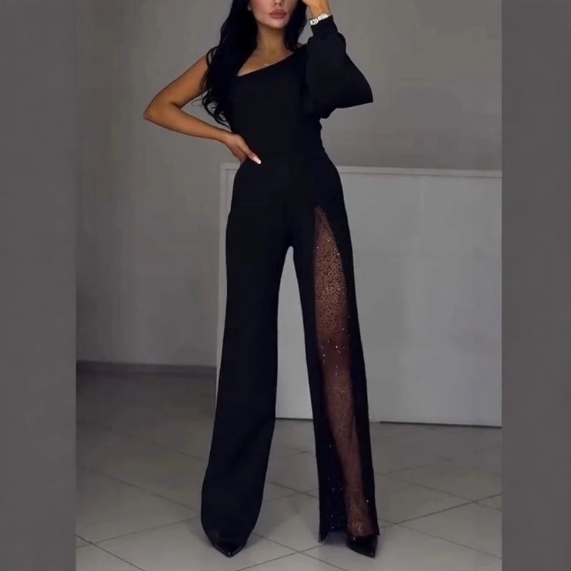 ✨👠Damen One Shoulder Glitter Mesh Flared Jumpsuit🖤 Mode Party Essential, funkeln und glänzen, ziehen Sie die Aufmerksamkeit auf sich!