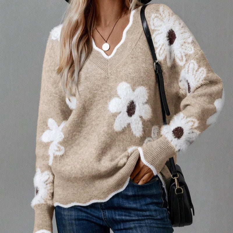 🌸Damenpullover mit Blumenmuster und Muschelbesatz🌟