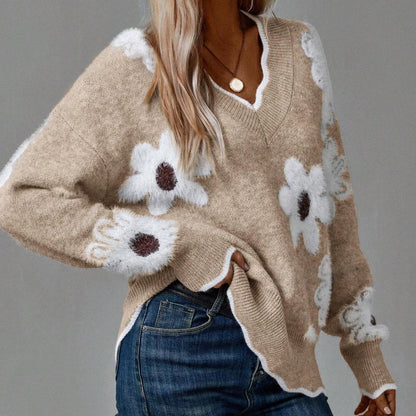 🌸Damenpullover mit Blumenmuster und Muschelbesatz🌟