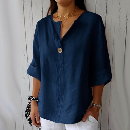 🌞Frühlingserwachen: 50% Rabatt!✨Damen Lockeres Baumwoll-Leinen V-Ausschnitt Shirt – Atmungsaktiv, Schmeichelhaft & Vielseitig