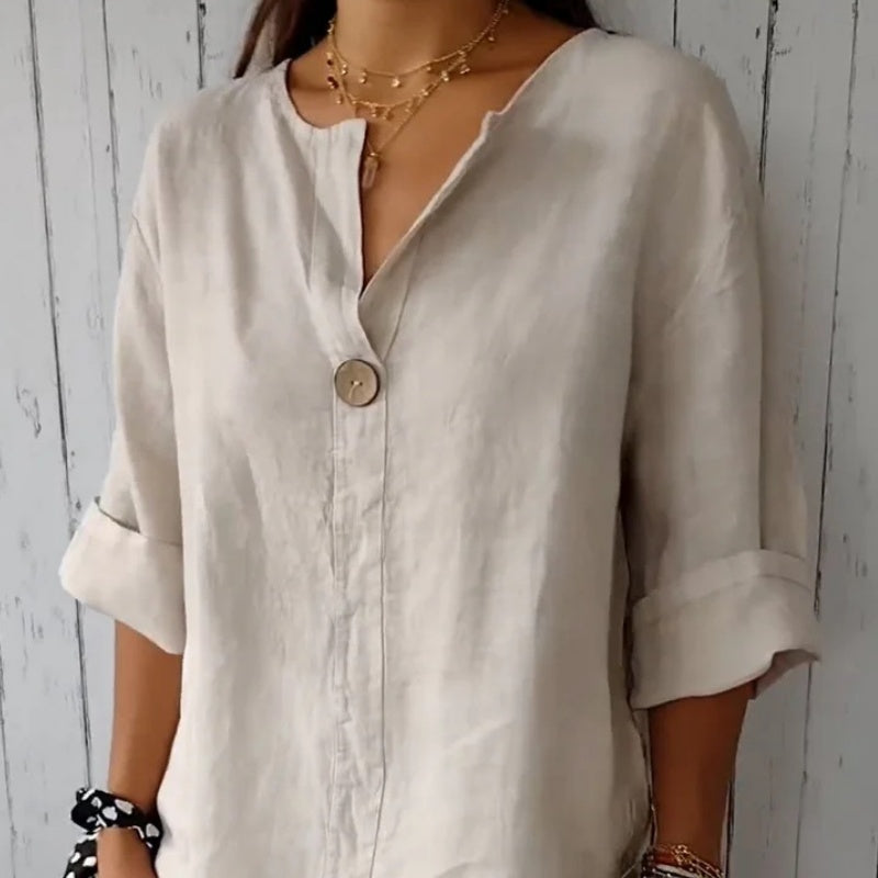 🌞Frühlingserwachen: 50% Rabatt!✨Damen Lockeres Baumwoll-Leinen V-Ausschnitt Shirt – Atmungsaktiv, Schmeichelhaft & Vielseitig