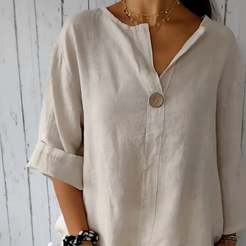🌞Frühlingserwachen: 50% Rabatt!✨Damen Lockeres Baumwoll-Leinen V-Ausschnitt Shirt – Atmungsaktiv, Schmeichelhaft & Vielseitig